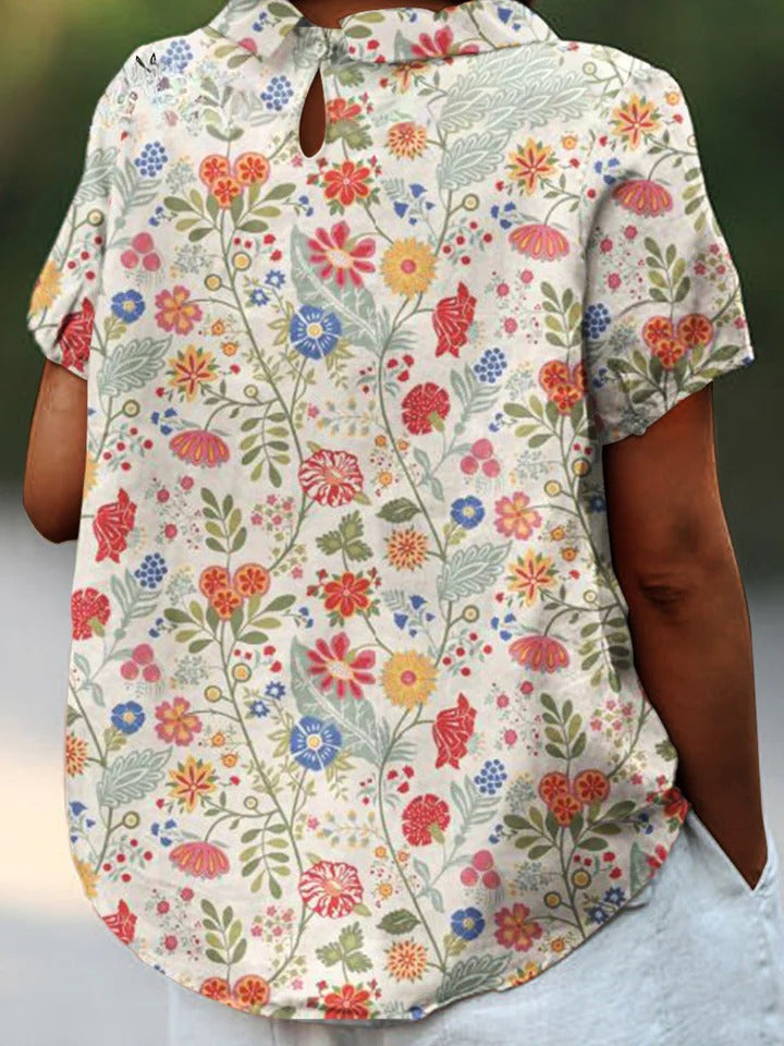 Uvella - Camisa Pastoral Floral de Algodão e Linho