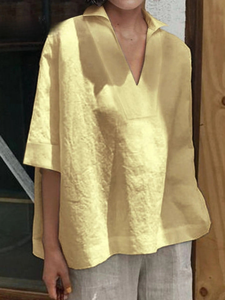Verena - Camisa Solida com Decote em V e Manga Médio Larga