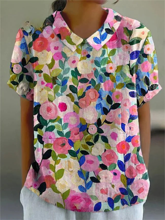 Odelia - Camisa de Algodão Linho com Estampa Floral colorida