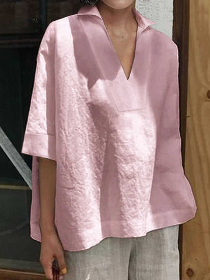 Verena - Camisa Solida com Decote em V e Manga Médio Larga