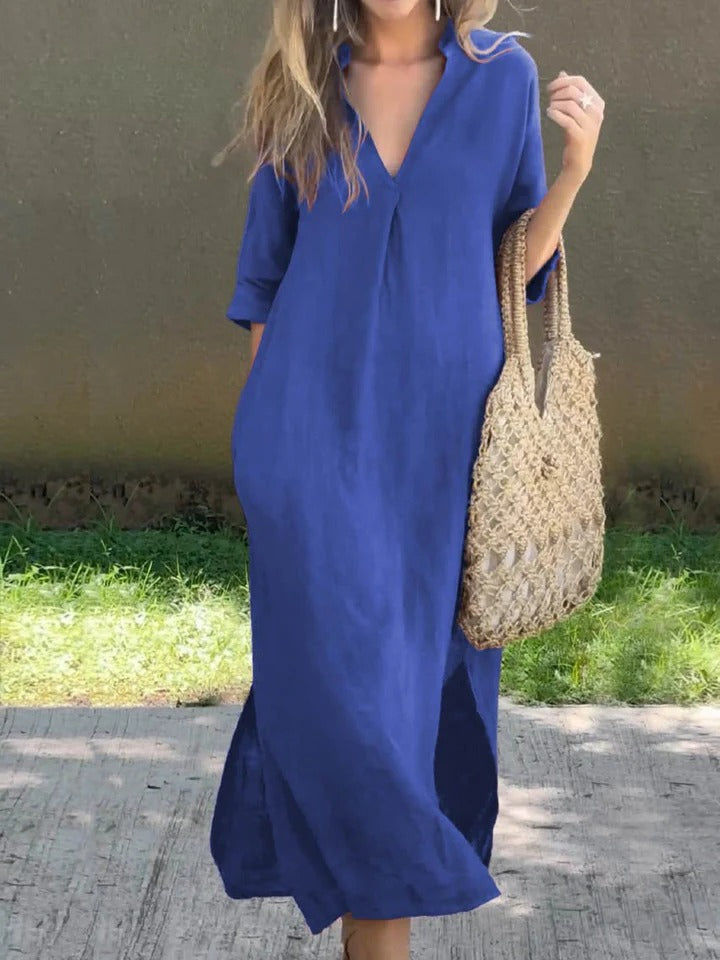 Ishael - Vestido de Linho com decote em V, solto e longo